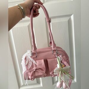 Pink Front Pocket Bow Shoulder Bag with Tulip Bear Charm